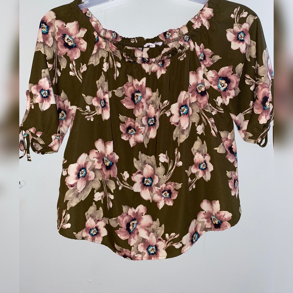 Dark Green blouse with beautiful pink flowers.